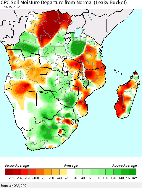 Southern Africa CPC Soil Moisture Departure from Normal (Leaky Bucket) Thematic Map For 1/11/2022 - 1/15/2022