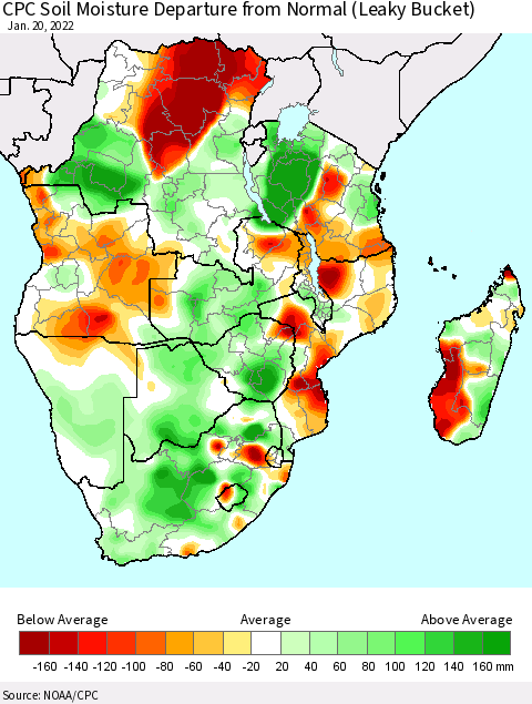 Southern Africa CPC Soil Moisture Departure from Normal (Leaky Bucket) Thematic Map For 1/16/2022 - 1/20/2022