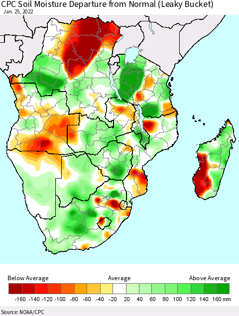 Southern Africa CPC Soil Moisture Departure from Normal (Leaky Bucket) Thematic Map For 1/21/2022 - 1/25/2022