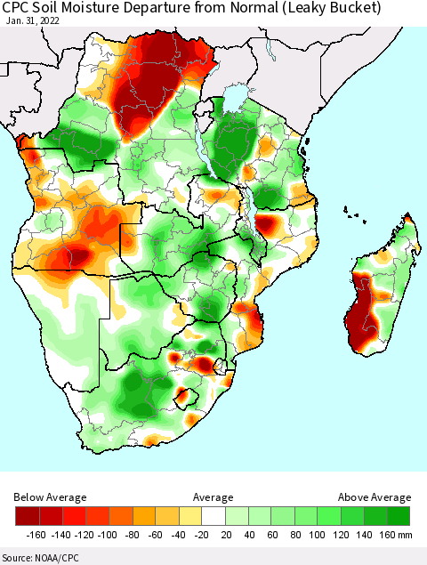 Southern Africa CPC Soil Moisture Departure from Normal (Leaky Bucket) Thematic Map For 1/26/2022 - 1/31/2022