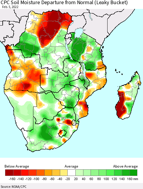 Southern Africa CPC Soil Moisture Departure from Normal (Leaky Bucket) Thematic Map For 2/1/2022 - 2/5/2022