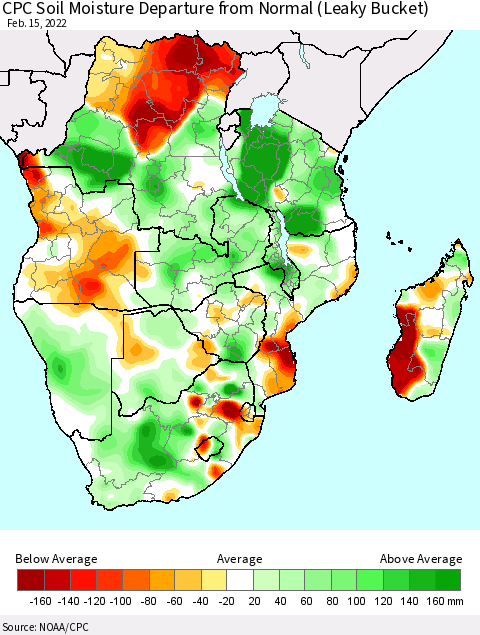 Southern Africa CPC Soil Moisture Departure from Normal (Leaky Bucket) Thematic Map For 2/11/2022 - 2/15/2022