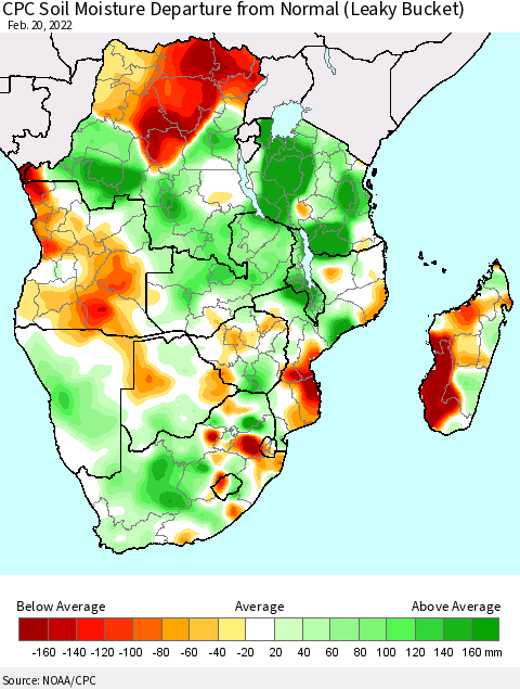 Southern Africa CPC Soil Moisture Departure from Normal (Leaky Bucket) Thematic Map For 2/16/2022 - 2/20/2022
