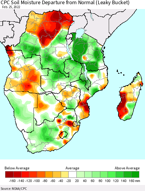 Southern Africa CPC Soil Moisture Departure from Normal (Leaky Bucket) Thematic Map For 2/21/2022 - 2/25/2022