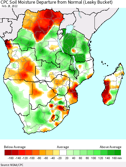Southern Africa CPC Soil Moisture Departure from Normal (Leaky Bucket) Thematic Map For 2/26/2022 - 2/28/2022