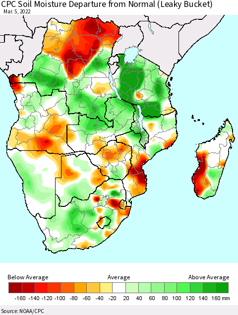 Southern Africa CPC Soil Moisture Departure from Normal (Leaky Bucket) Thematic Map For 3/1/2022 - 3/5/2022