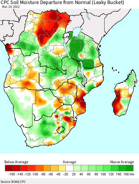 Southern Africa CPC Soil Moisture Departure from Normal (Leaky Bucket) Thematic Map For 3/6/2022 - 3/10/2022