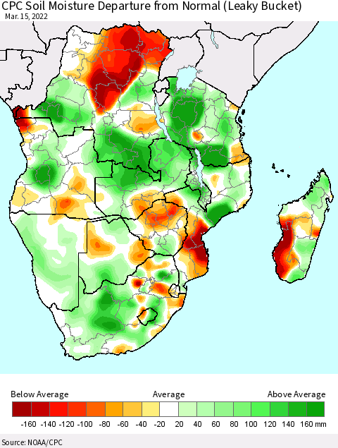 Southern Africa CPC Soil Moisture Departure from Normal (Leaky Bucket) Thematic Map For 3/11/2022 - 3/15/2022