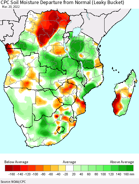 Southern Africa CPC Soil Moisture Departure from Normal (Leaky Bucket) Thematic Map For 3/16/2022 - 3/20/2022