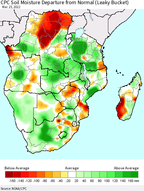 Southern Africa CPC Soil Moisture Departure from Normal (Leaky Bucket) Thematic Map For 3/21/2022 - 3/25/2022