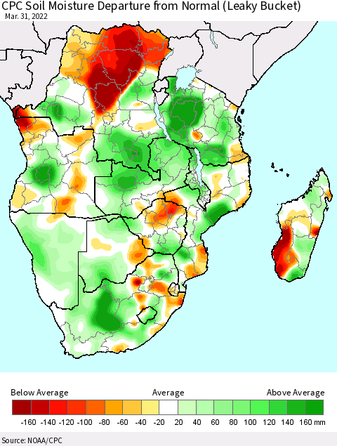 Southern Africa CPC Soil Moisture Departure from Normal (Leaky Bucket) Thematic Map For 3/26/2022 - 3/31/2022