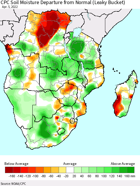Southern Africa CPC Soil Moisture Departure from Normal (Leaky Bucket) Thematic Map For 4/1/2022 - 4/5/2022