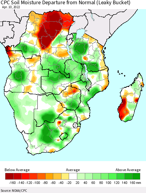 Southern Africa CPC Soil Moisture Departure from Normal (Leaky Bucket) Thematic Map For 4/6/2022 - 4/10/2022