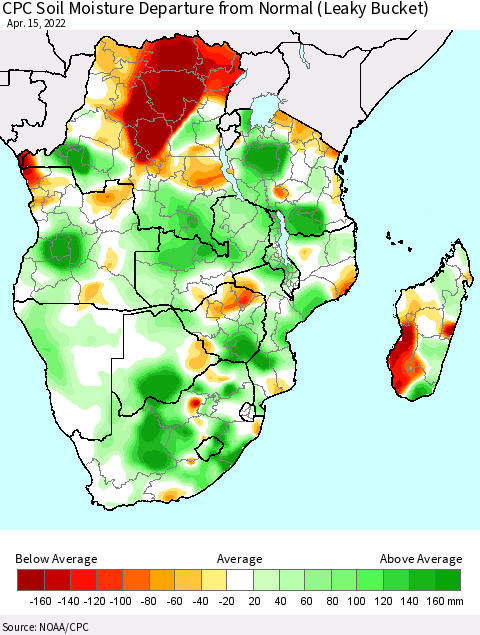 Southern Africa CPC Soil Moisture Departure from Normal (Leaky Bucket) Thematic Map For 4/11/2022 - 4/15/2022