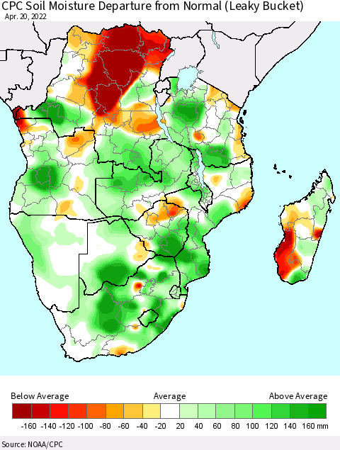 Southern Africa CPC Soil Moisture Departure from Normal (Leaky Bucket) Thematic Map For 4/16/2022 - 4/20/2022