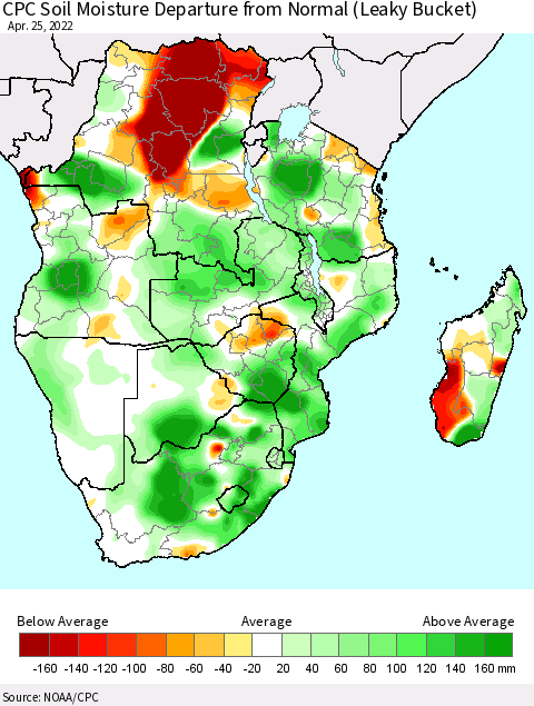 Southern Africa CPC Soil Moisture Departure from Normal (Leaky Bucket) Thematic Map For 4/21/2022 - 4/25/2022
