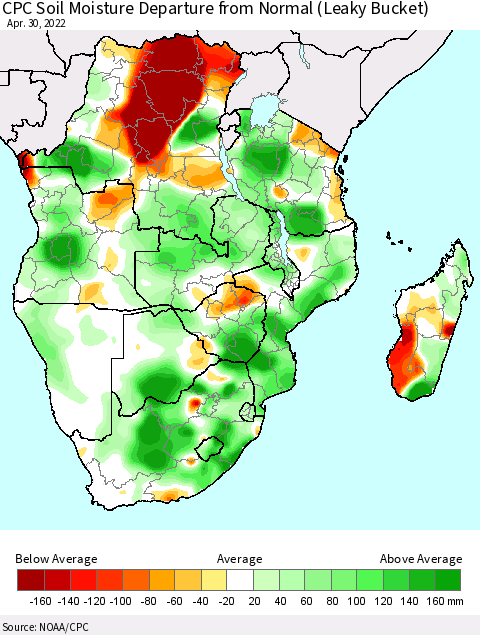 Southern Africa CPC Soil Moisture Departure from Normal (Leaky Bucket) Thematic Map For 4/26/2022 - 4/30/2022