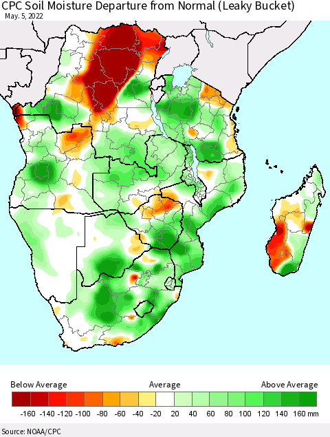 Southern Africa CPC Soil Moisture Departure from Normal (Leaky Bucket) Thematic Map For 5/1/2022 - 5/5/2022