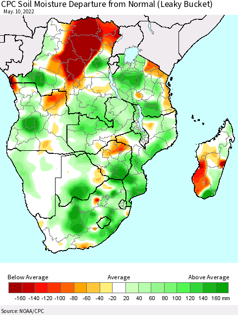 Southern Africa CPC Soil Moisture Departure from Normal (Leaky Bucket) Thematic Map For 5/6/2022 - 5/10/2022