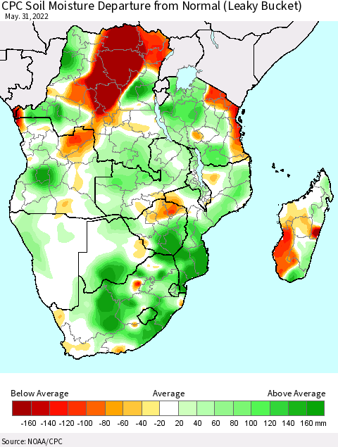 Southern Africa CPC Soil Moisture Departure from Normal (Leaky Bucket) Thematic Map For 5/26/2022 - 5/31/2022