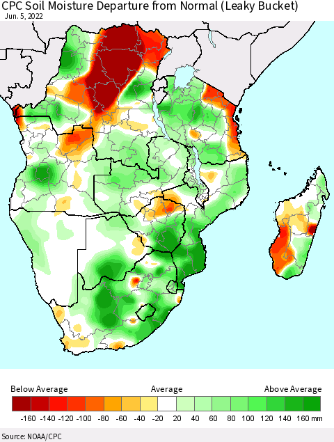 Southern Africa CPC Soil Moisture Departure from Normal (Leaky Bucket) Thematic Map For 6/1/2022 - 6/5/2022