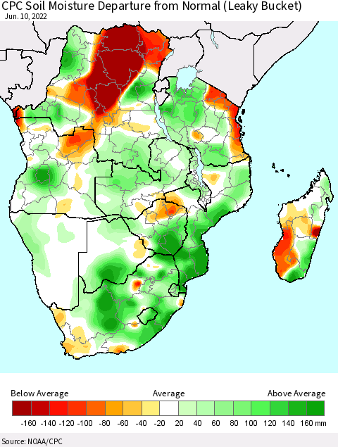 Southern Africa CPC Soil Moisture Departure from Normal (Leaky Bucket) Thematic Map For 6/6/2022 - 6/10/2022
