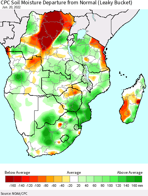 Southern Africa CPC Soil Moisture Departure from Normal (Leaky Bucket) Thematic Map For 6/16/2022 - 6/20/2022