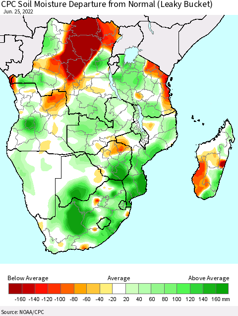Southern Africa CPC Soil Moisture Departure from Normal (Leaky Bucket) Thematic Map For 6/21/2022 - 6/25/2022