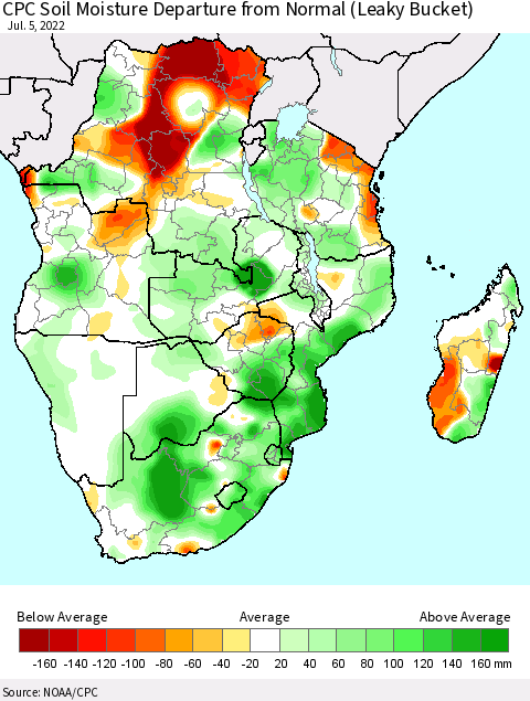 Southern Africa CPC Soil Moisture Departure from Normal (Leaky Bucket) Thematic Map For 7/1/2022 - 7/5/2022