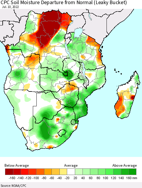 Southern Africa CPC Soil Moisture Departure from Normal (Leaky Bucket) Thematic Map For 7/6/2022 - 7/10/2022