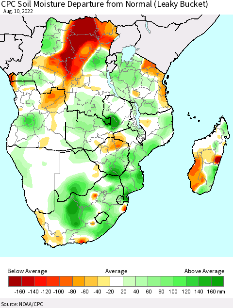 Southern Africa CPC Soil Moisture Departure from Normal (Leaky Bucket) Thematic Map For 8/6/2022 - 8/10/2022