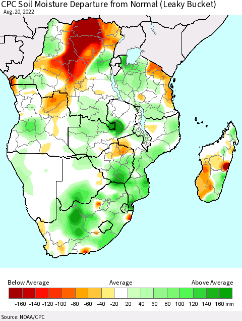 Southern Africa CPC Soil Moisture Departure from Normal (Leaky Bucket) Thematic Map For 8/16/2022 - 8/20/2022