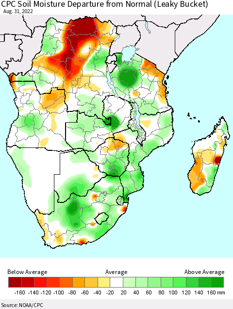 Southern Africa CPC Soil Moisture Departure from Normal (Leaky Bucket) Thematic Map For 8/26/2022 - 8/31/2022