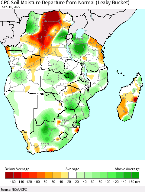 Southern Africa CPC Soil Moisture Departure from Normal (Leaky Bucket) Thematic Map For 9/6/2022 - 9/10/2022