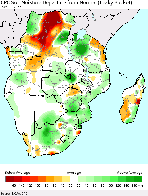 Southern Africa CPC Soil Moisture Departure from Normal (Leaky Bucket) Thematic Map For 9/11/2022 - 9/15/2022
