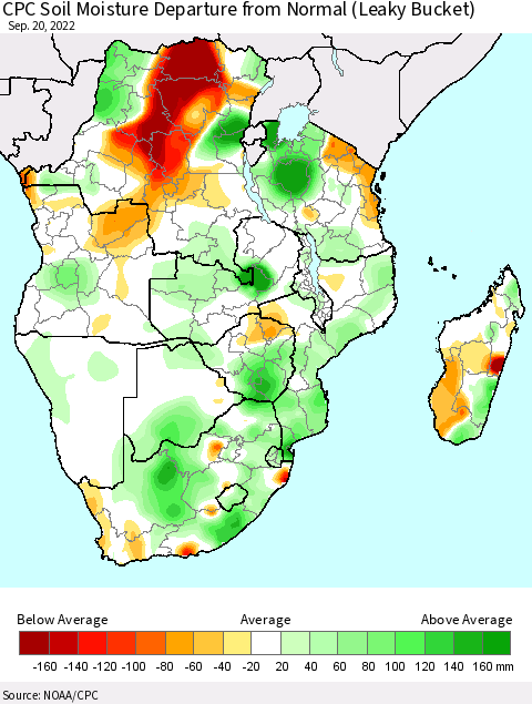 Southern Africa CPC Soil Moisture Departure from Normal (Leaky Bucket) Thematic Map For 9/16/2022 - 9/20/2022