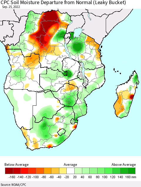 Southern Africa CPC Soil Moisture Departure from Normal (Leaky Bucket) Thematic Map For 9/21/2022 - 9/25/2022