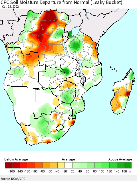 Southern Africa CPC Soil Moisture Departure from Normal (Leaky Bucket) Thematic Map For 10/11/2022 - 10/15/2022