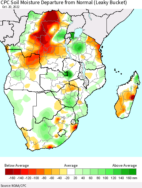 Southern Africa CPC Soil Moisture Departure from Normal (Leaky Bucket) Thematic Map For 10/16/2022 - 10/20/2022