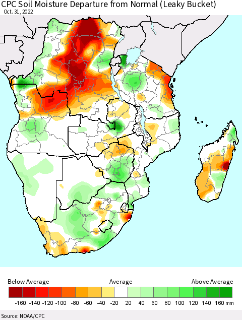 Southern Africa CPC Soil Moisture Departure from Normal (Leaky Bucket) Thematic Map For 10/26/2022 - 10/31/2022