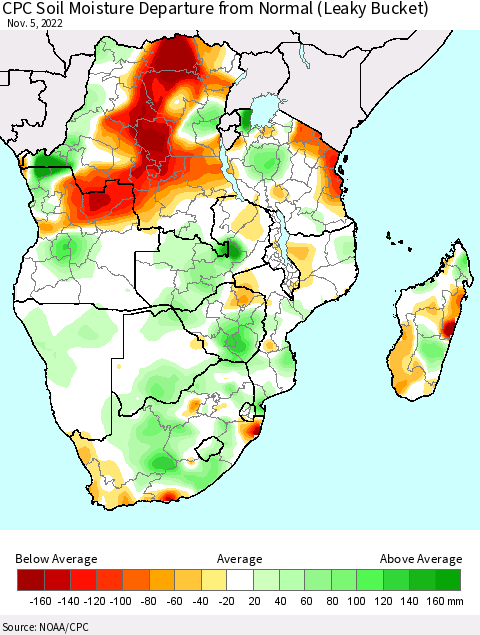 Southern Africa CPC Soil Moisture Departure from Normal (Leaky Bucket) Thematic Map For 11/1/2022 - 11/5/2022