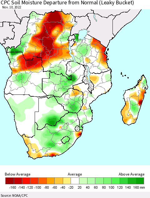 Southern Africa CPC Soil Moisture Departure from Normal (Leaky Bucket) Thematic Map For 11/6/2022 - 11/10/2022