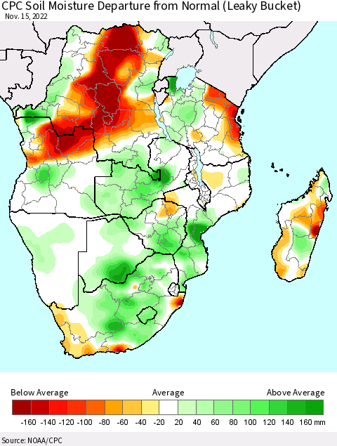 Southern Africa CPC Soil Moisture Departure from Normal (Leaky Bucket) Thematic Map For 11/11/2022 - 11/15/2022