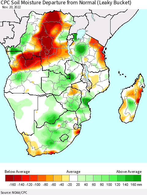 Southern Africa CPC Soil Moisture Departure from Normal (Leaky Bucket) Thematic Map For 11/16/2022 - 11/20/2022