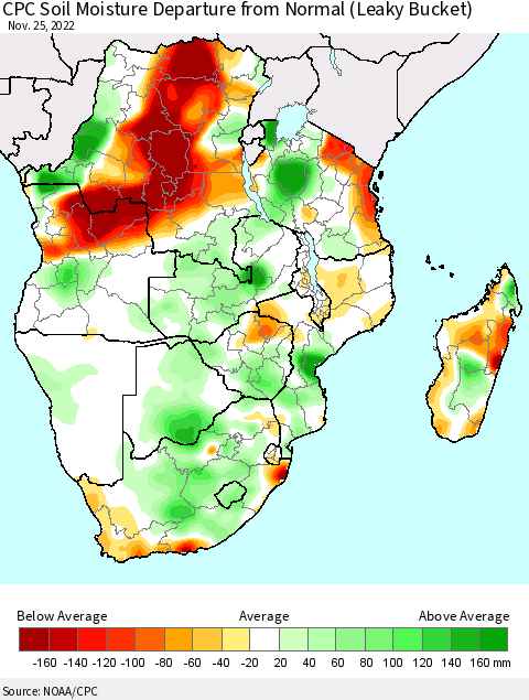 Southern Africa CPC Soil Moisture Departure from Normal (Leaky Bucket) Thematic Map For 11/21/2022 - 11/25/2022