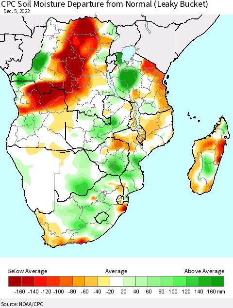 Southern Africa CPC Soil Moisture Departure from Normal (Leaky Bucket) Thematic Map For 12/1/2022 - 12/5/2022