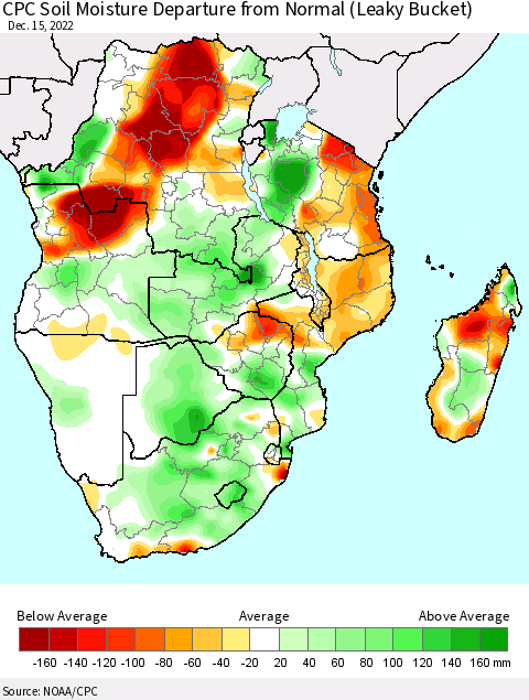 Southern Africa CPC Soil Moisture Departure from Normal (Leaky Bucket) Thematic Map For 12/11/2022 - 12/15/2022