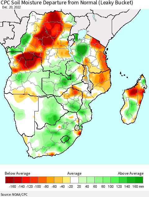 Southern Africa CPC Soil Moisture Departure from Normal (Leaky Bucket) Thematic Map For 12/16/2022 - 12/20/2022