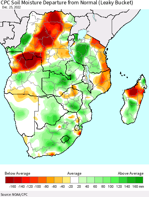 Southern Africa CPC Soil Moisture Departure from Normal (Leaky Bucket) Thematic Map For 12/21/2022 - 12/25/2022
