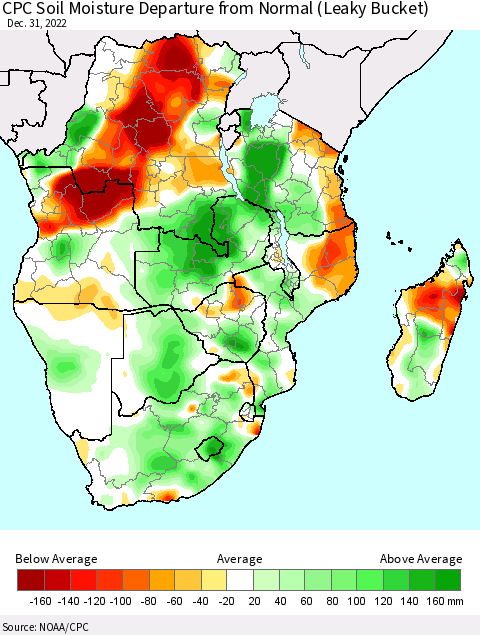 Southern Africa CPC Soil Moisture Departure from Normal (Leaky Bucket) Thematic Map For 12/26/2022 - 12/31/2022